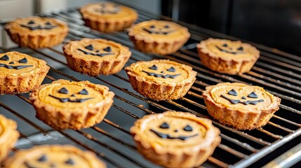 Cooling halloween pumpkin pies with jack o' lantern faces on a metal rack