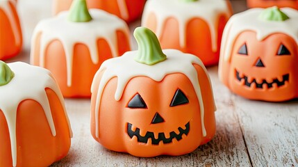 Delicious halloween pumpkin cakes smiling on wooden table