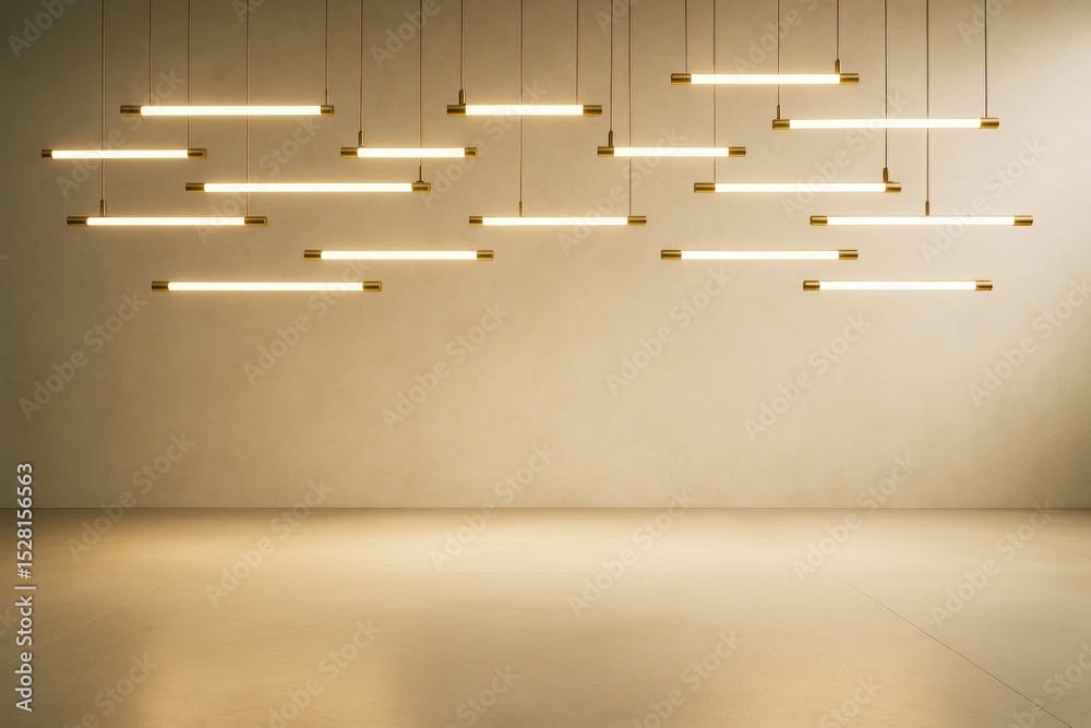 Poster modern architectural interior with creative hanging lights in empty contemporary room with soft ligh