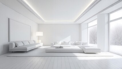 Fototapeta premium Minimalist white living room interior design with natural light and modern furnishings 