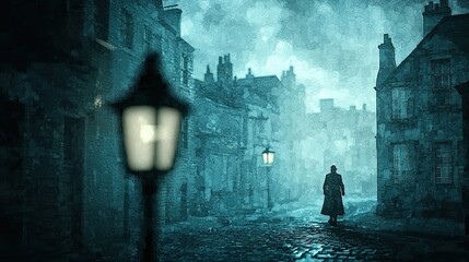Detective walking in a dark and foggy victorian street