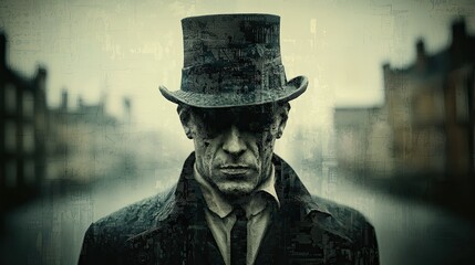 Mysterious gentleman wearing top hat in deserted city street