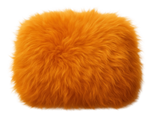 Fluffy orange square cushion with soft fur texture on transparent background.