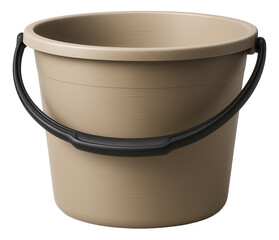 Beige plastic bucket with a sturdy black handle and visible volume markings on transparent background.