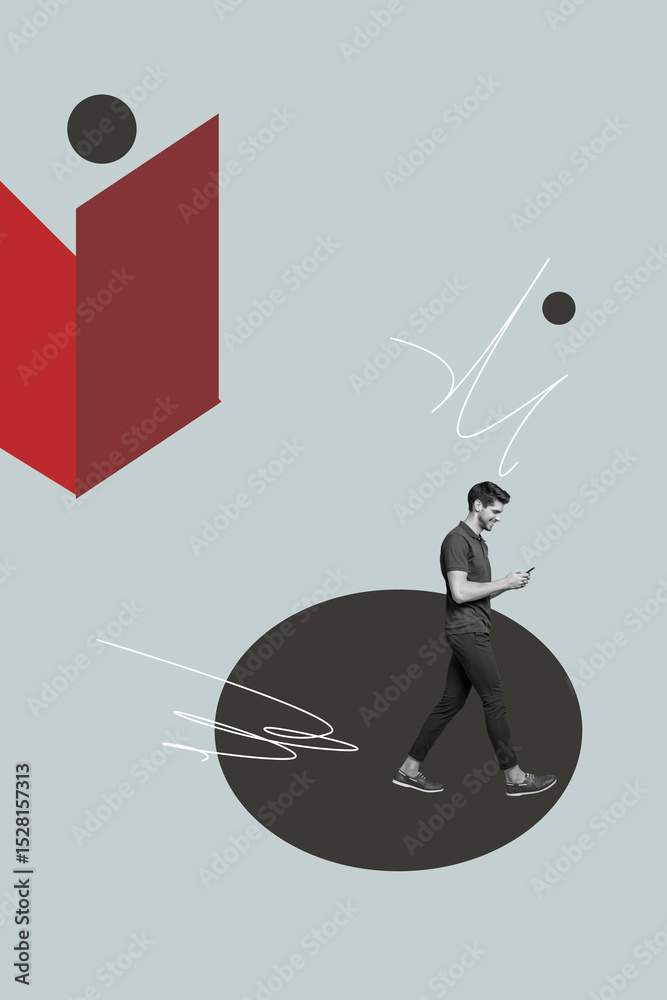 Poster banner art collage of person use phone stand on grey background with geometry figures