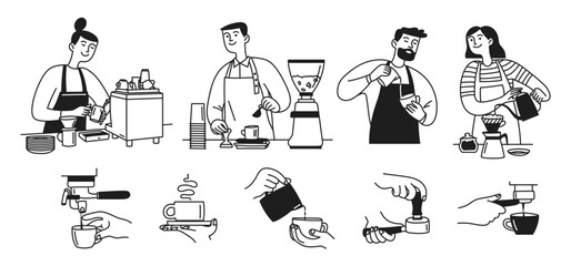 Doodle set barista making coffee. People, hands, men and women, cup of coffee and milk. Vector linear hand drawn illustration
