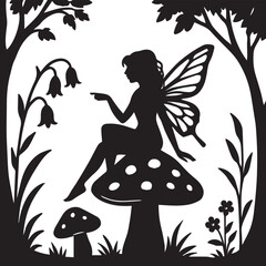 Enchanted Forest Fairy Silhouette Magical Mushroom, Fantasy Illustration