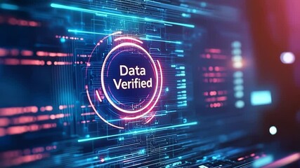 Data verification and validation futuristic digital interface with neon circuit lines, abstract technology background, cyber security, secure information, vibrant colors, and modern design innovation - Powered by Adobe