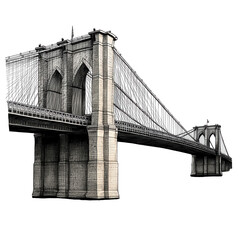 Brooklyn bridge detailed illustration against a white background, showcasing the architectural design and cable suspension system