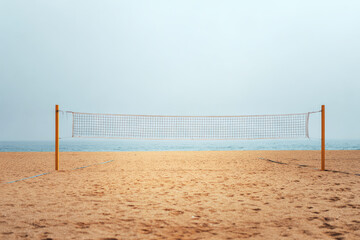 Empty beach volleyball net stretched across golden sand with calm ocean in background under soft daylight. ai generative

