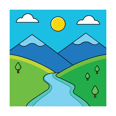 Flat Cartoon Landscape with River and Mountains

