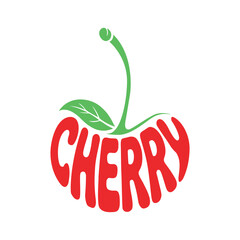 Creative cherry logo with the word 'CHERRY' shaped as the fruit. Bright red letters, green stem, and leaf. Fun, modern design perfect for food, organic, or kids-related brands.