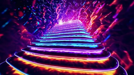 Psychedelic neon abstract spiral staircase tunnel with glowing vibrant purple and orange trails, surreal 3D digital animation with cosmic visual style - Powered by Adobe