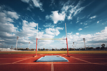 Empty pole vault runway under vibrant sky with bar set high, symbolizing challenge and aspiration in athletic training. ai generative