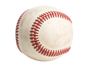 A worn baseball featuring red stitches and a scuffed white surface.