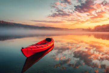 Solitary red kayak floats on calm lake at sunrise with colorful sky and mist over forested shore, evoking peace and solitude. ai generative