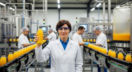 Quality control expert examining juice bottles in modern beverage production facility