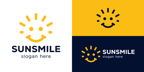 Creative simple sun smile logo template. Sun with smile face logo design vector illustration.