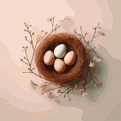 Delicate nest with pastel eggs and floral branches arranged artistically on a soft background
