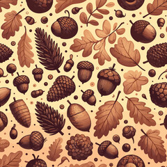Detailed botanical pattern of acorns, pinecones, and leaves in a warm monochromatic design