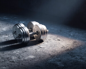Shiny metal dumbbells resting on a textured gym floor under dramatic lighting in a dark fitness space, symbolizing strength and discipline. ai generative