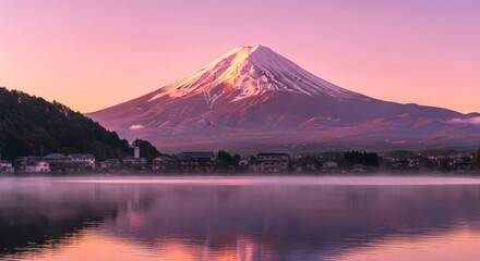 Serene dawn view of Mount Fuji and its reflection over tranquil waters