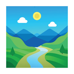 Fototapeta premium Minimalist green valley with river under blue sky
