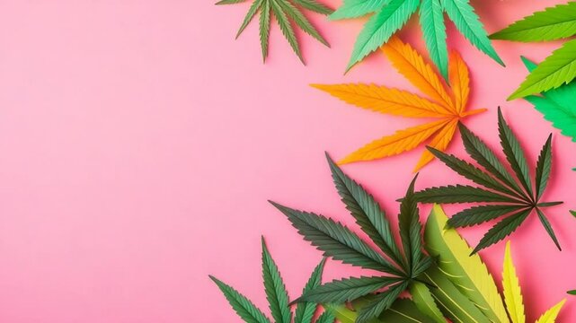Colorful cannabis leaves arranged on a pink background, creating a vibrant and artistic display
