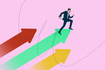Full 3d zine pop trend collage of happy businessman businesswoman climb career ladder development...