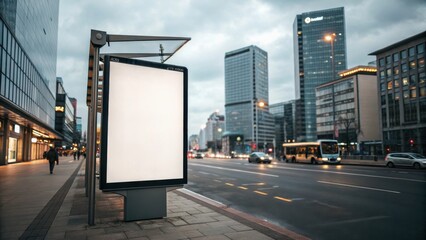 Empty illuminated billboard at a modern urban bus stop on a busy street with cars and high-rise buildings at dusk.