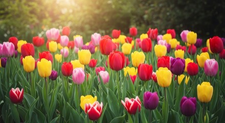 Obraz premium Vibrant spring tulip garden at sunrise - perfect for nature and floral design inspirations