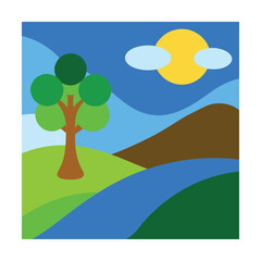 Fototapeta premium Minimalist Landscape with River, Tree, and Sun