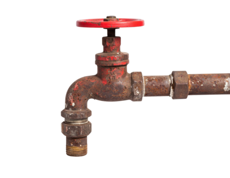 Rusty metal water faucet with a red valve handle attached to a corroded pipe.