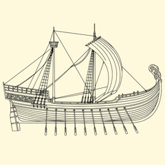 Ancient Galley Ship - Clean Black and White Drawing