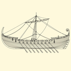Monochrome Viking Drakkar Longship Illustration