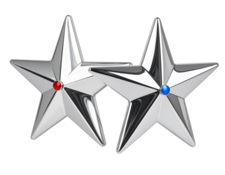 Two shiny silver five-pointed stars with a red gem on one and a blue gem on the other, designed as decorative objects or accessories.