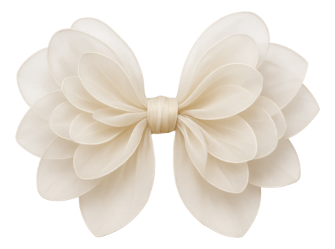 Elegant cream-colored fabric bow with layered petal-like loops on transparent background.