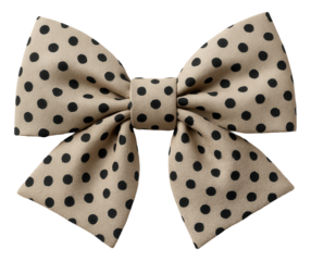 Beige bow tie with black polka dots featuring a symmetrical design on transparent background.
