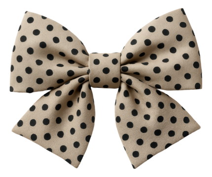 Beige bow tie with black polka dots featuring a symmetrical design on transparent background.