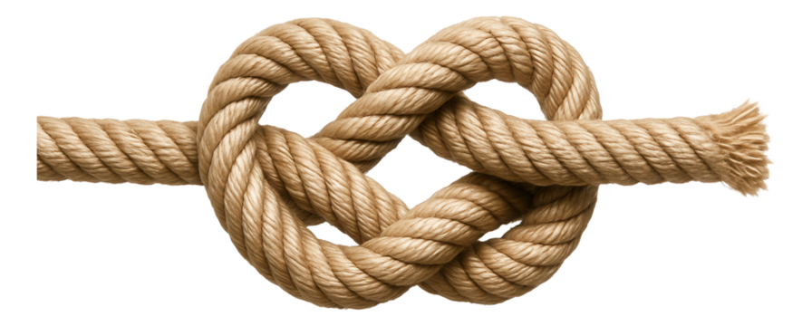 Thick brown rope tied in a strong knot demonstrating security and strength on transparent background.