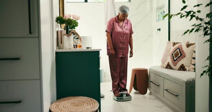 Depression, scale and weightloss with woman in bathroom of home for diet disappointment or fail. Anxiety, sad or wellness and unhappy mature person in apartment with stress for weighing results