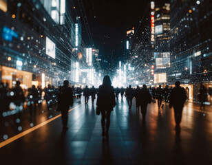 Fototapeta premium 無数のデータストリームが都市全体を縦横無尽に走る。空中にはホログラム広告が漂い、人々はARレンズで仮想と現実をシームレスに行き来する都市景観
