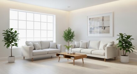 Modern minimalist living room with white furniture and green plants for interior design inspiration