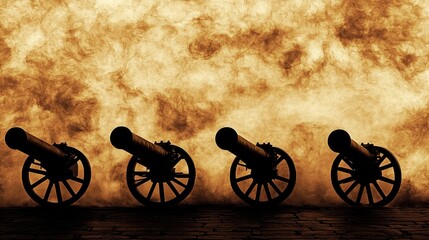 Silhouettes of antique cannons amidst smoke.
