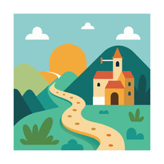 Fototapeta premium Minimalist hills with watermill and winding river