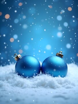 Blue christmas balls on snow background