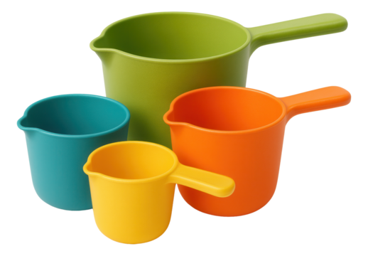 Four colorful plastic measuring cups in green, blue, orange, and yellow are nested together with handles extended on transparent background.