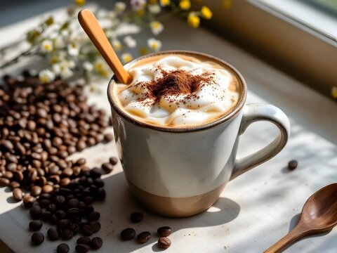 Cup of a cold cocoa with whipped cream and cinnamon on top