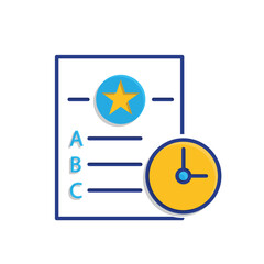 education icon. Quiz. Question sheet with choices A, B, C, D and a small clock icon. smart, learning, clever. Mixed design style