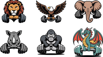 A set of six cartoon animal illustrations, each lifting a barbell.